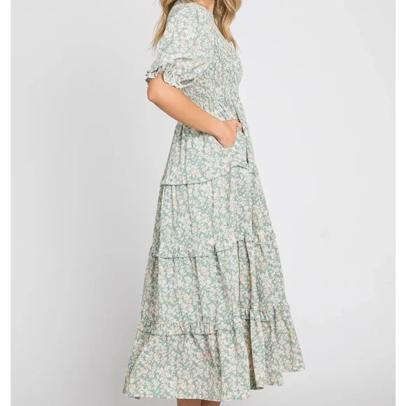 Polagram Dress Floral Green Maxi Smocked Bodice Three Tiered RuffleS Size M - Picture 9 of 15